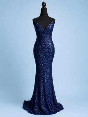 La Femme Navy Blue Sequin Spaghetti Strap Prom Gown